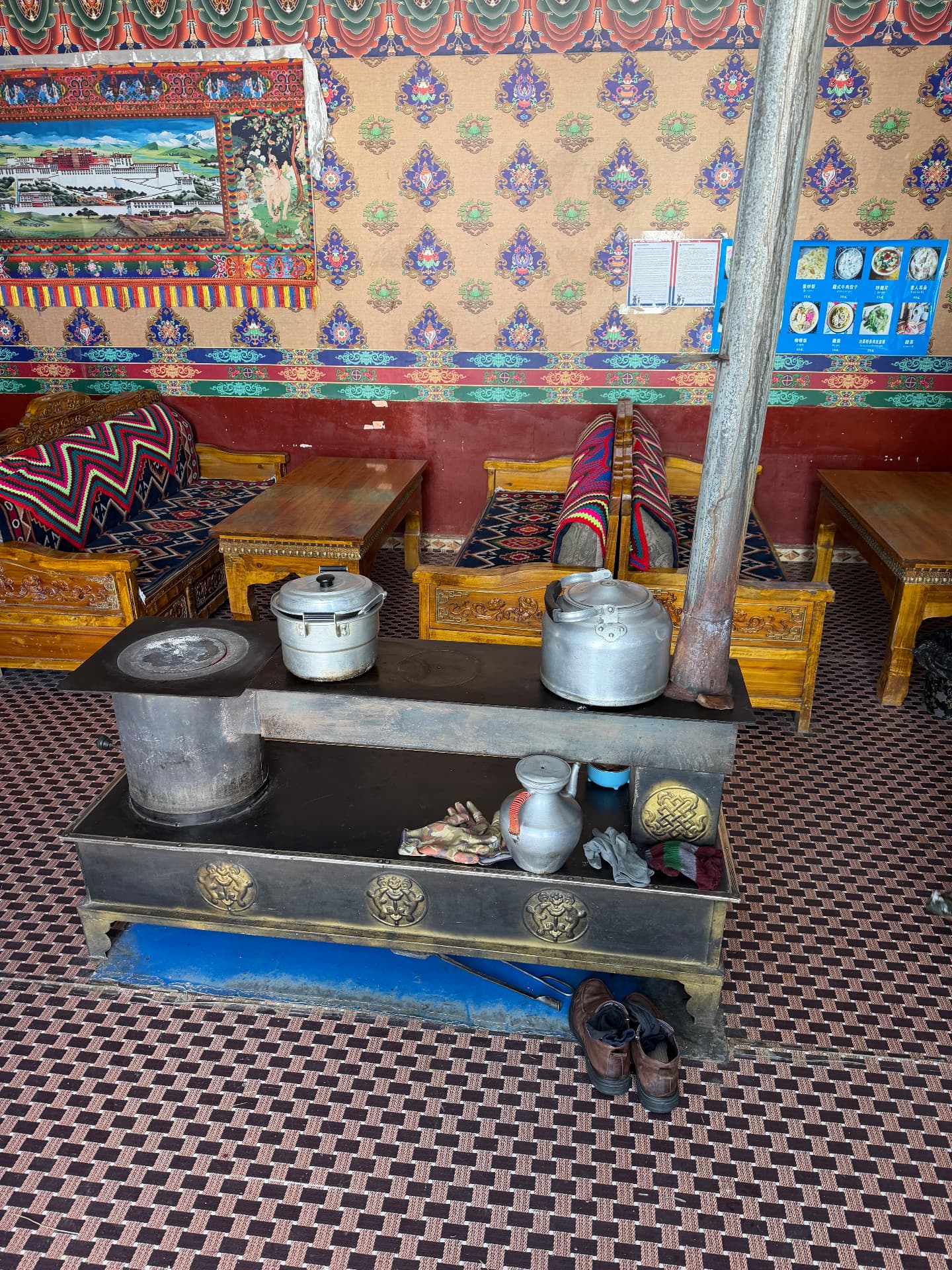 The traditional iron stove of the guesthouse tea room