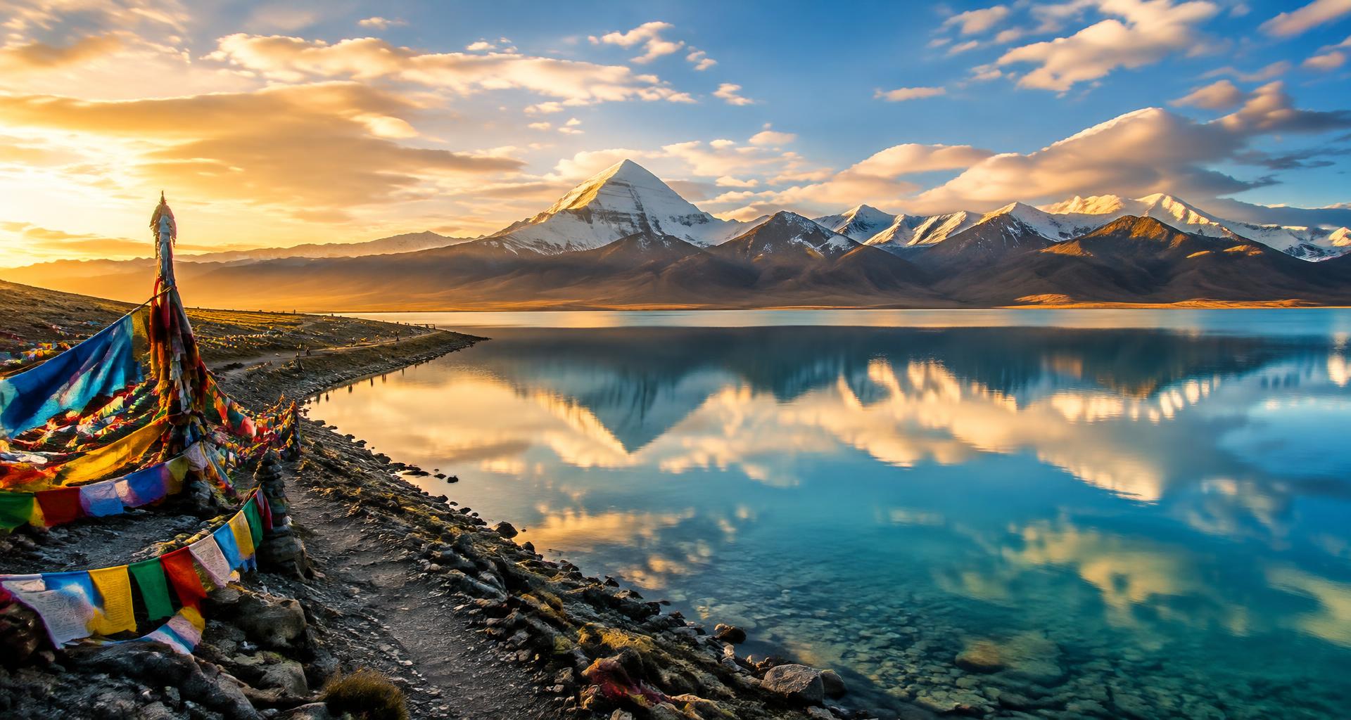 The sacred waters of Lake Manasarovar at golden hour